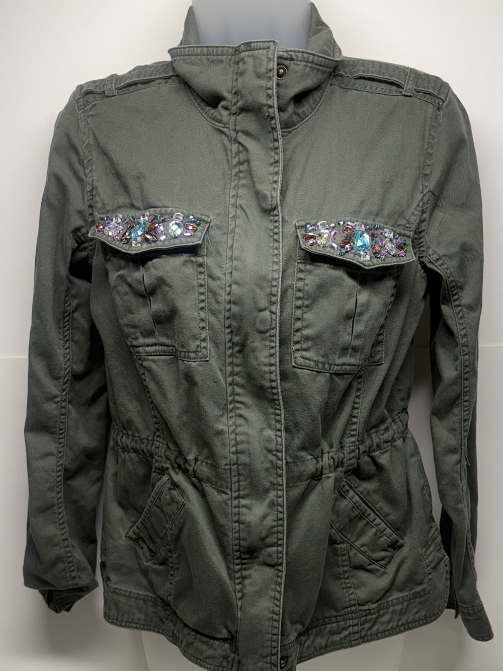 Candie's Olive Green Jeweled Pocket Utility Jacket - Women
